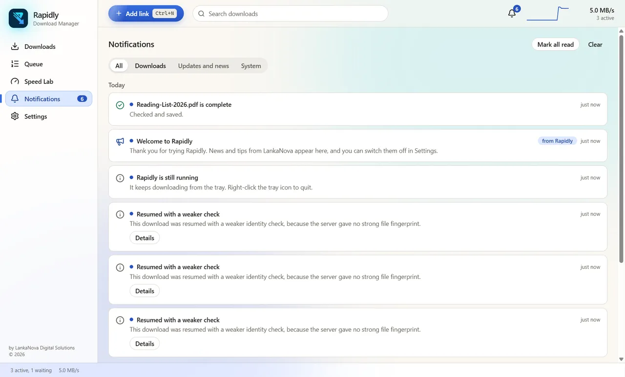 The Notification Center with a welcome message, a finished download and a system note.